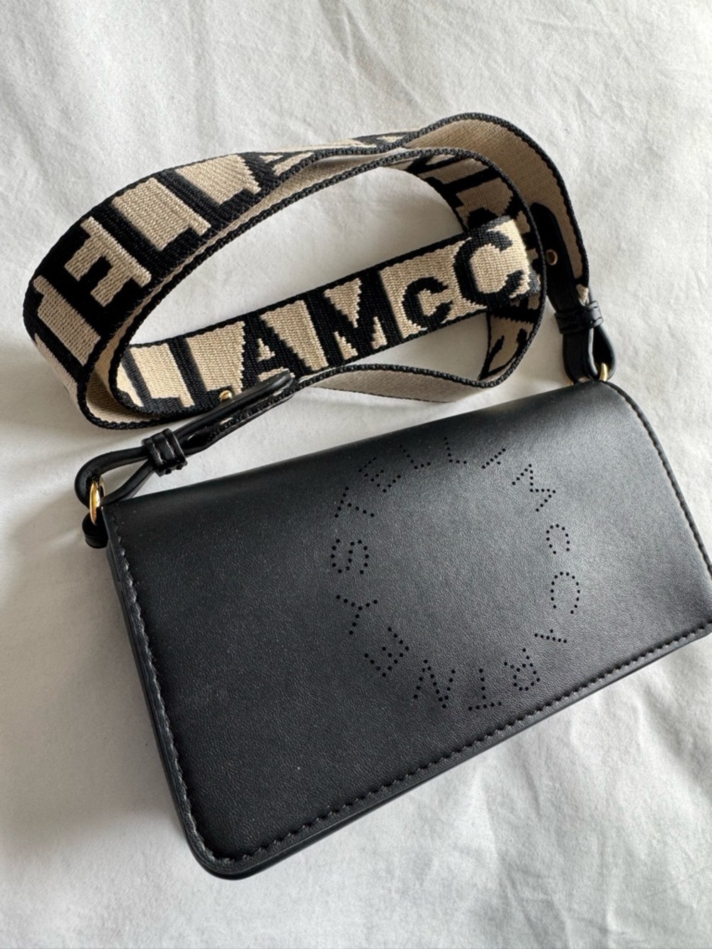 Stella McCartney Black Crossbody Bag with Beige Logo Strap